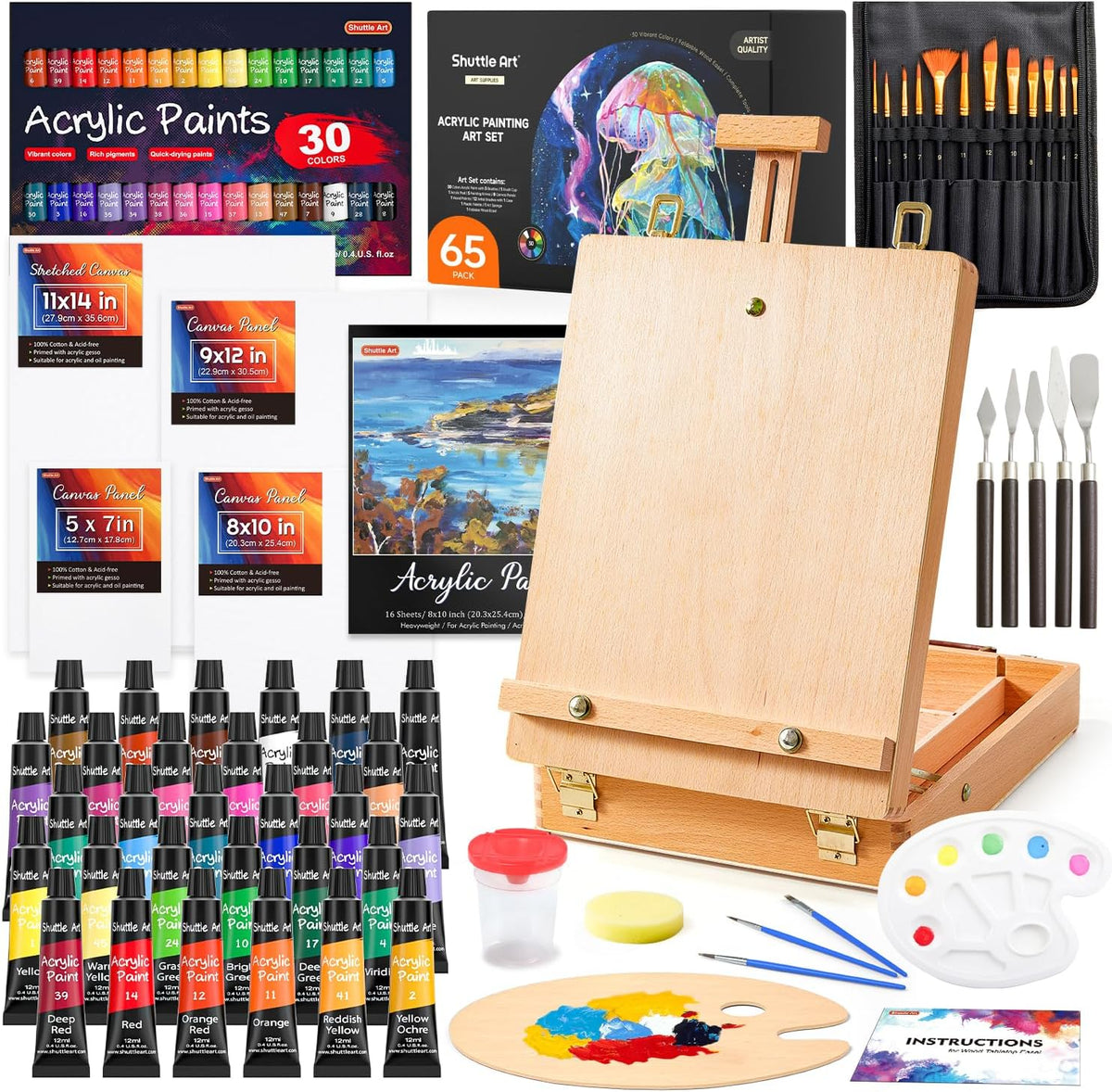 Falling In Art 29 Pcs Acrylic Paint Set With Tabletop Easel, Painting Kit With 12 Acrylic Paints Set, Canvas Panels, Brushes, Wooden Palette For Kids, Adults, Beginners, Professionals, Christmas