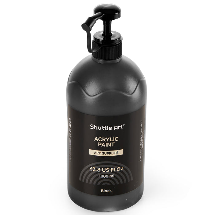 Black Acrylic Paint, Large Capacity Pump Bottle with Cover - Set of 33.8oz/1000ml