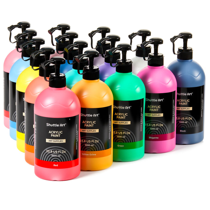 Acrylic Paint Set, 33.8oz/1000ml, Large Capacity Pump Bottles -Set of 15 Colors