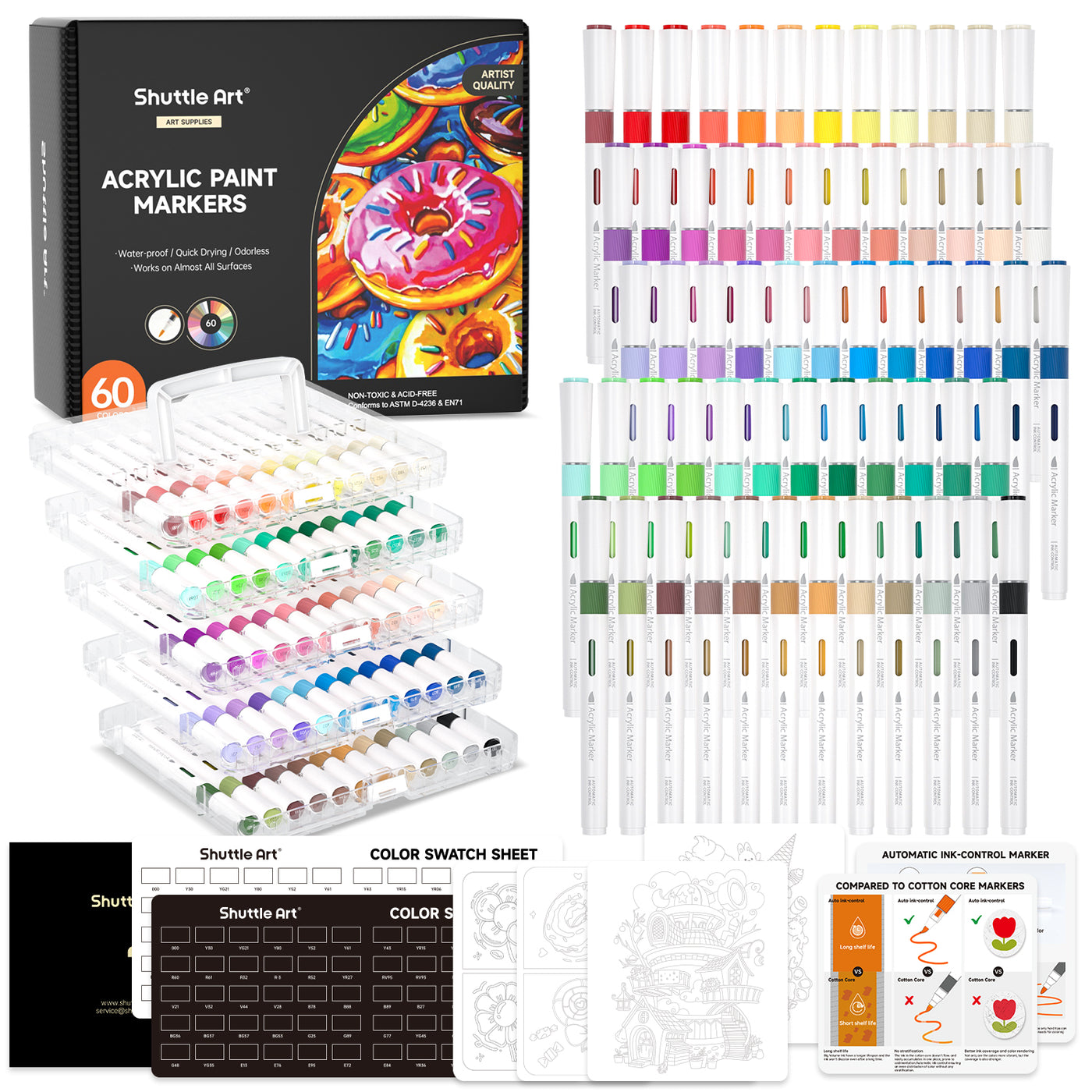 Automatic Ink Control Acrylic Paint Markers- Set of 60 Colors, Brush T ...