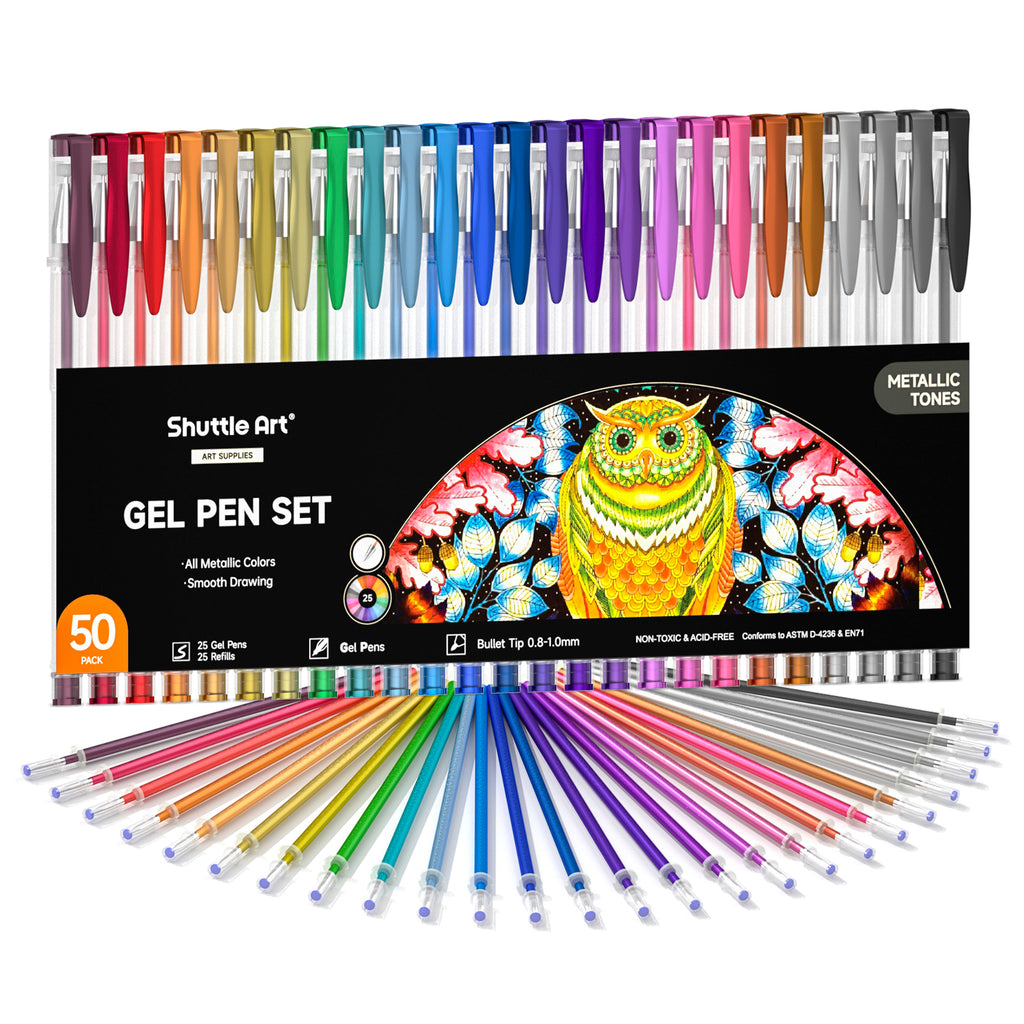 Metallic Gel Pen Set, 25 Unique Gel Pens with 25 Refills - Set of