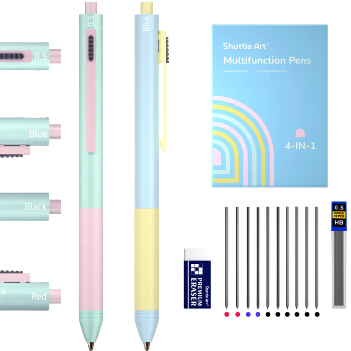 4 in 1 Multicolor Pen, 2 Pack Retractable Ballpoint Pens with 1.0mm Black Blue Red Ink and 0.5mm Mechanical Pencil