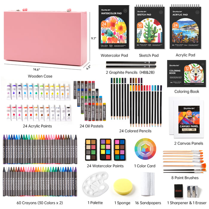 Deluxe Gift Art Kit, 202-Piece Wooden Art Supplies Set with 4 Drawing Pads