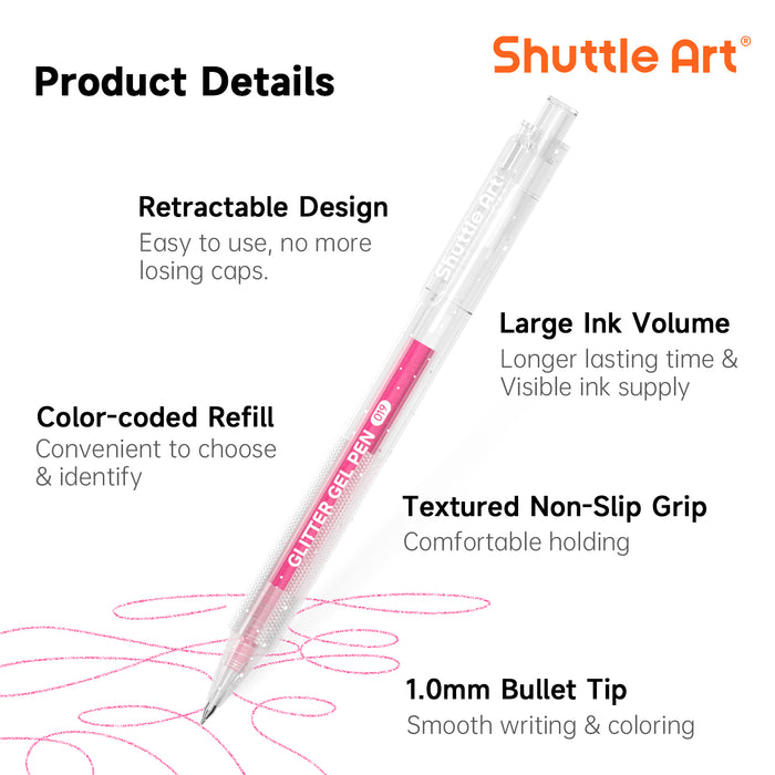 Retractable Glitter Colored Gel Pens - Set of 24 Vibrant Sparkle, 1.0mm
