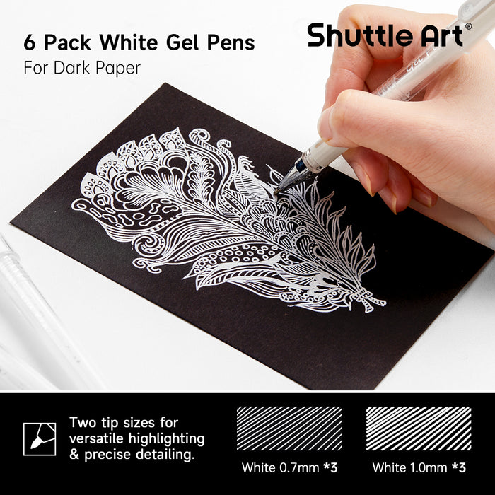 White Gel Pens - Set of 6 Pack 0.7mm, 1.0mm Gel Ink Pens
