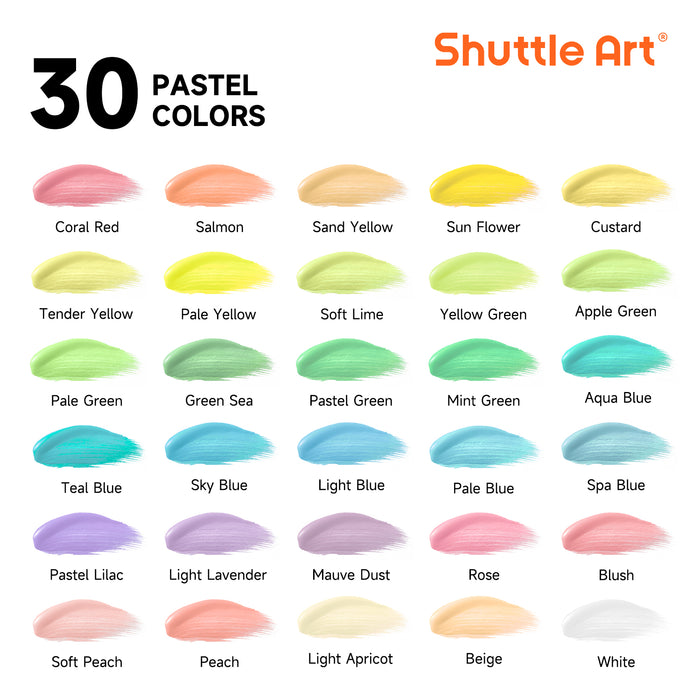 Pastel Acrylic Paint - Set of 30 Colors with 10 Paint Brushes