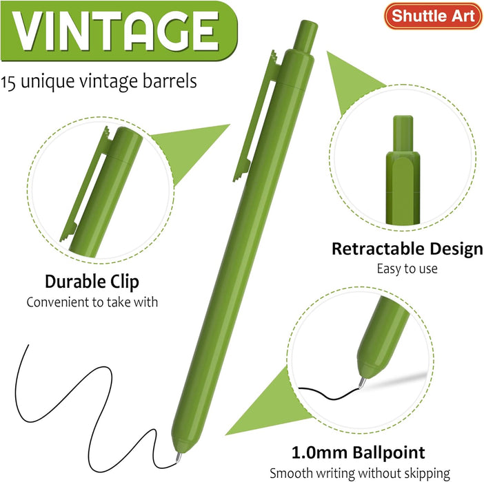 Retractable Ballpoint Pens - Set of 15 Vintage Barrels, Black Ink