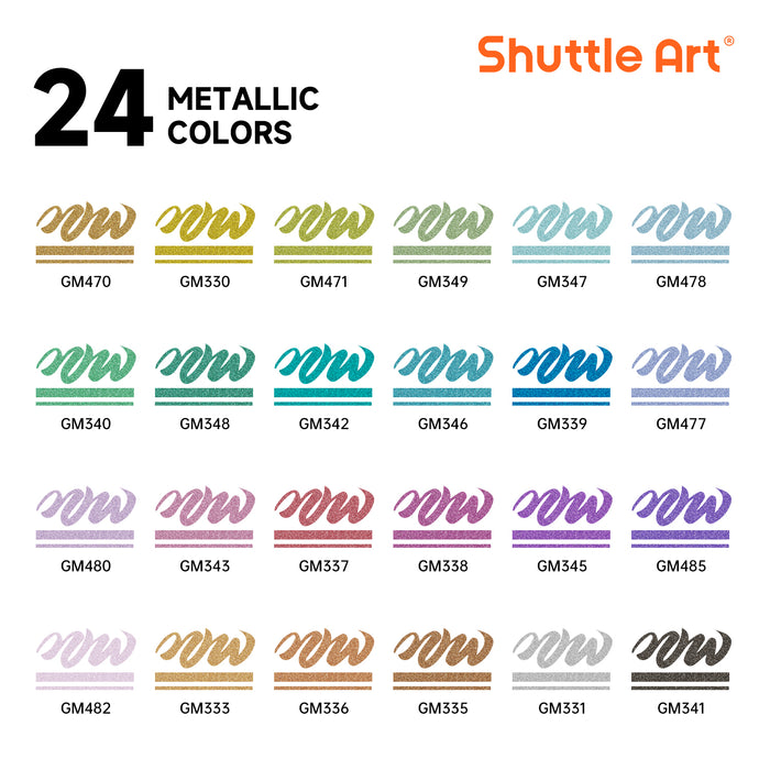 Automatic Ink Control Acrylic Paint Markers- Set of  24 Metallic Colors, Brush Tip