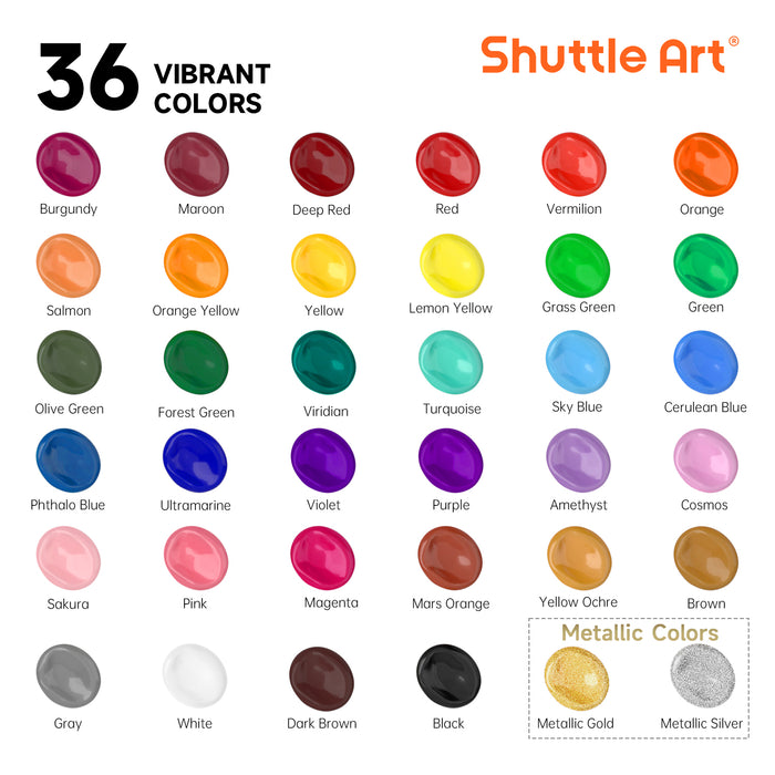 Acrylic Paint, 60ml Tubes with 10 Brushes and 1 Palette - Set of 36