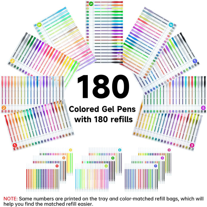 Colored Gel Pens, 180 Colors Gel Pen with 180 Refills - Set of 360