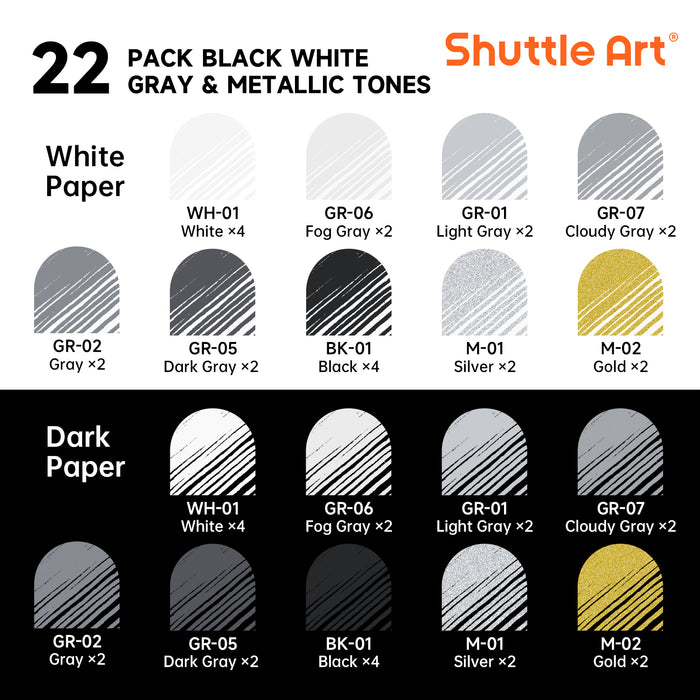 22 Black White Gray & Metallic Tone Colored Pens- Set of Journal Pens, 0.6mm Fine Point