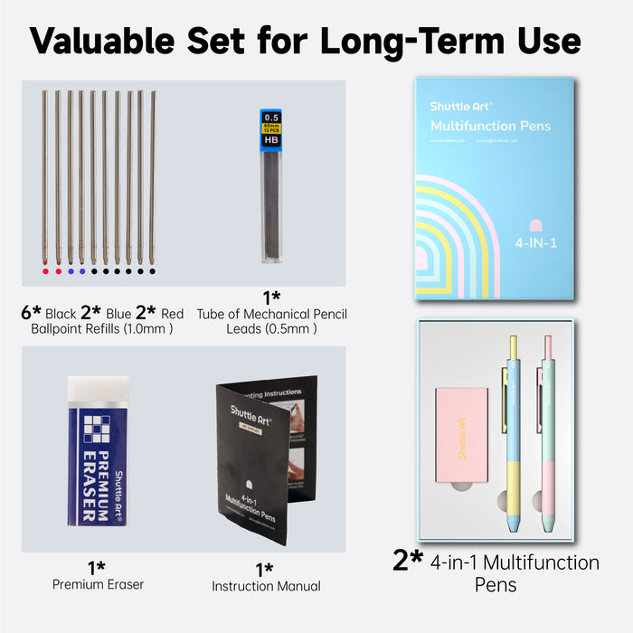 4 in 1 Multicolor Pen, 2 Pack Retractable Ballpoint Pens with 1.0mm Black Blue Red Ink and 0.5mm Mechanical Pencil