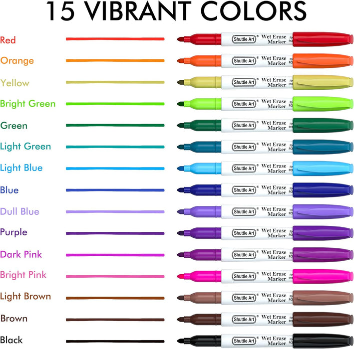 Wet Erase Markers, 1mm Fine Tip- Set of 15
