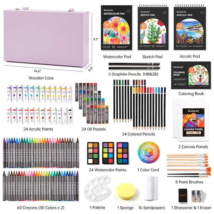 Deluxe Gift Art Kit - Set of 202-Piece, Wooden Art Supplies