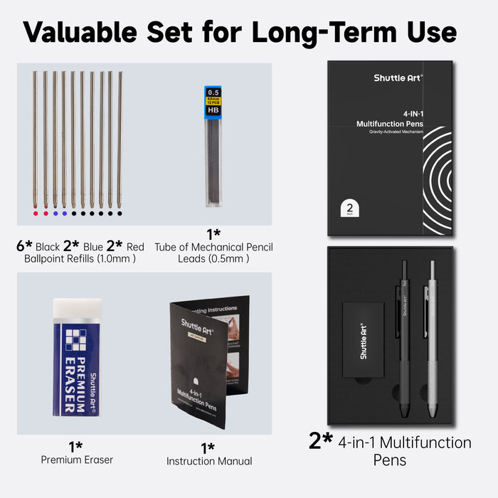 4 in 1 Multicolor Pen, 2 Pack Retractable Ballpoint Pens with 1.0mm Black Blue Red Ink and 0.5mm Mechanical Pencil