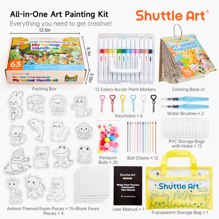 Magic Foam Texture Painting Kit Animal Series - Set of 63 Pcs, 15 Animal Foam Pieces
