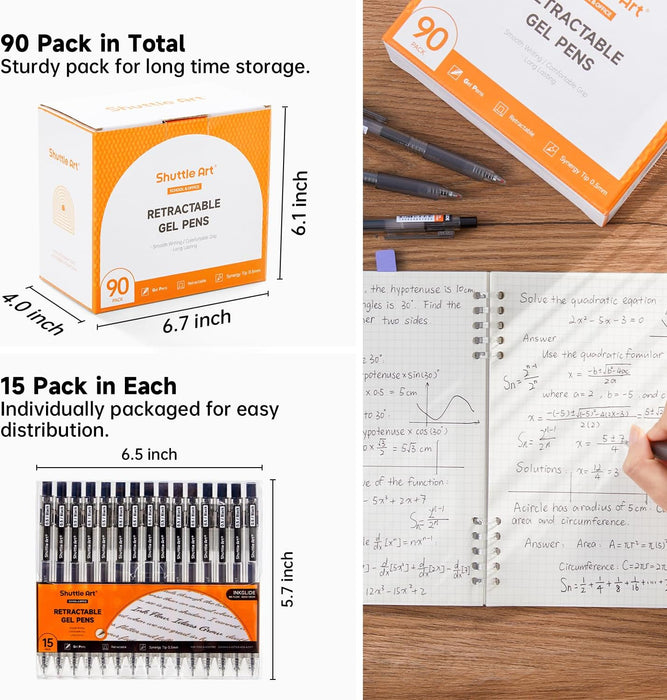 Retractable Black Gel Pens, Ink Glide Series - Set of 90, 0.5mm