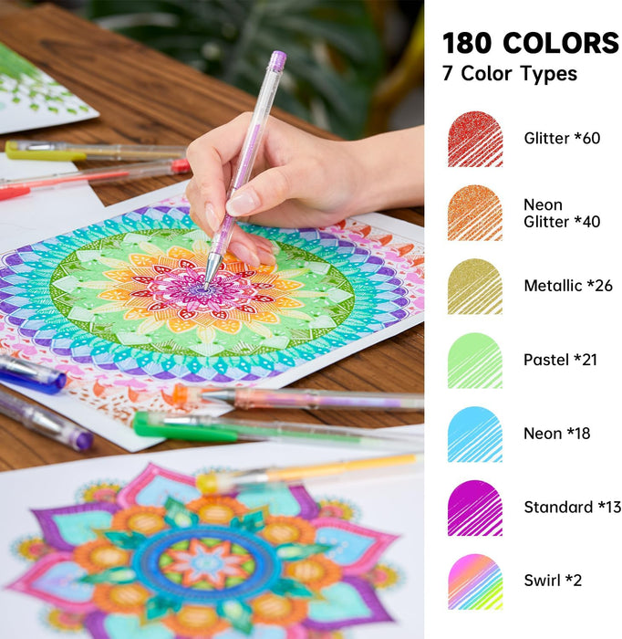 Colored Gel Pens, 180 Colors Gel Pen with 180 Refills - Set of 360