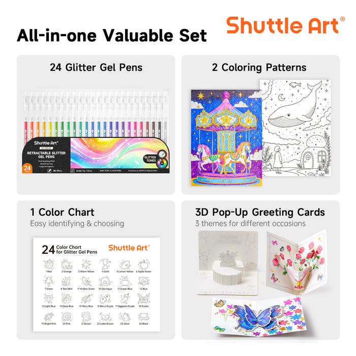 Retractable Glitter Colored Gel Pens - Set of 24 Vibrant Sparkle, 1.0mm