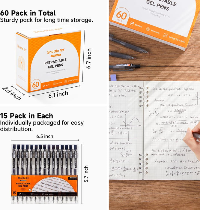 Retractable Black Gel Pens, Ink Glide Series - Set of 60, 0.5mm