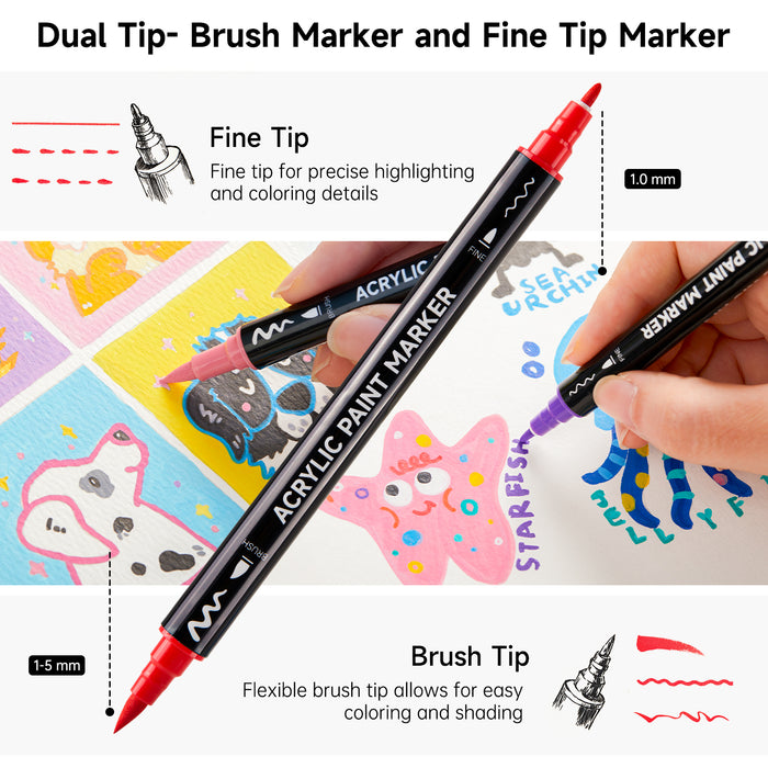 80 Colors Dual Tip Acrylic Paint Markers - Set of  Brush Tip and Fine Tip Acrylic Paint