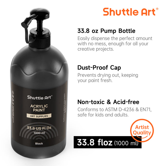 Titanium White & Black Acrylic Paint, Large Capacity Pump Bottles with Covers - Set of 2×33.8oz/1000ml