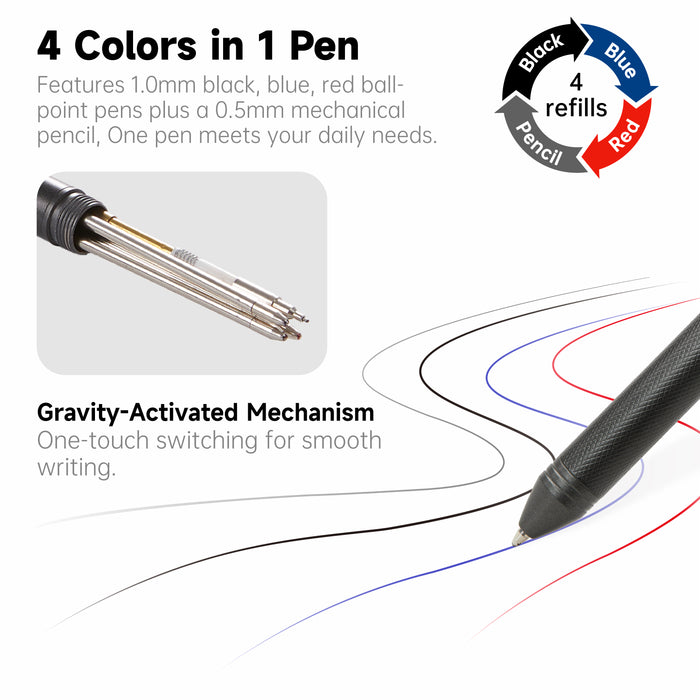 4 in 1 Multicolor Pen, 2 Pack Retractable Ballpoint Pens with 1.0mm Black Blue Red Ink and 0.5mm Mechanical Pencil