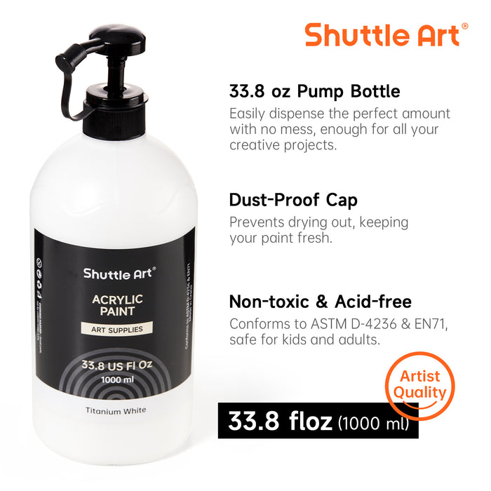 Titanium White Acrylic Paint, Large Capacity Pump Bottle with Cover -Set of 33.8oz/1000ml