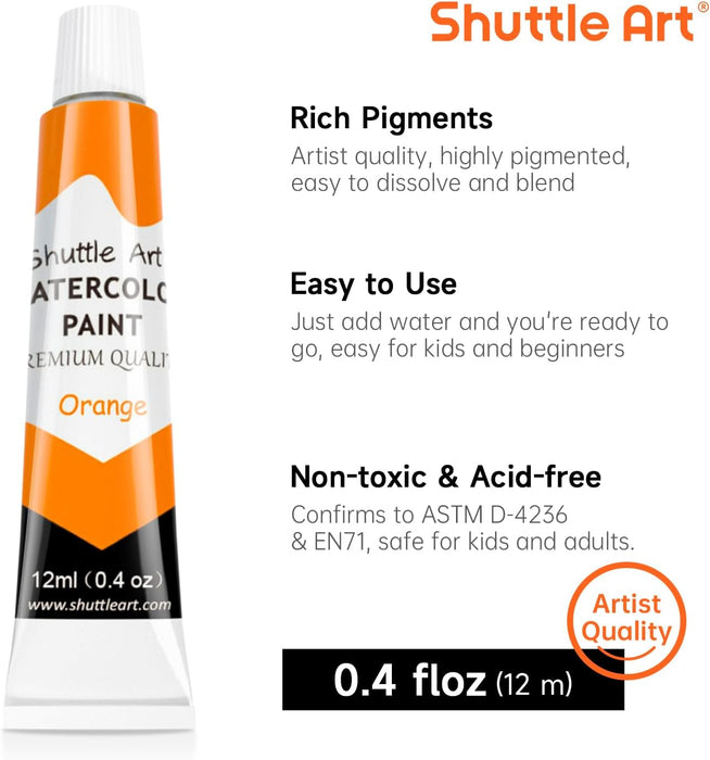 Watercolor Paint, 12ml Tube with 3 Brushes - Set of 48