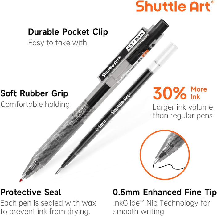 Black Gel Pens, Rollerball Gel Ink Pens, Ink Glide Series - 15 Pack Retractable 0.5mm Fine Point