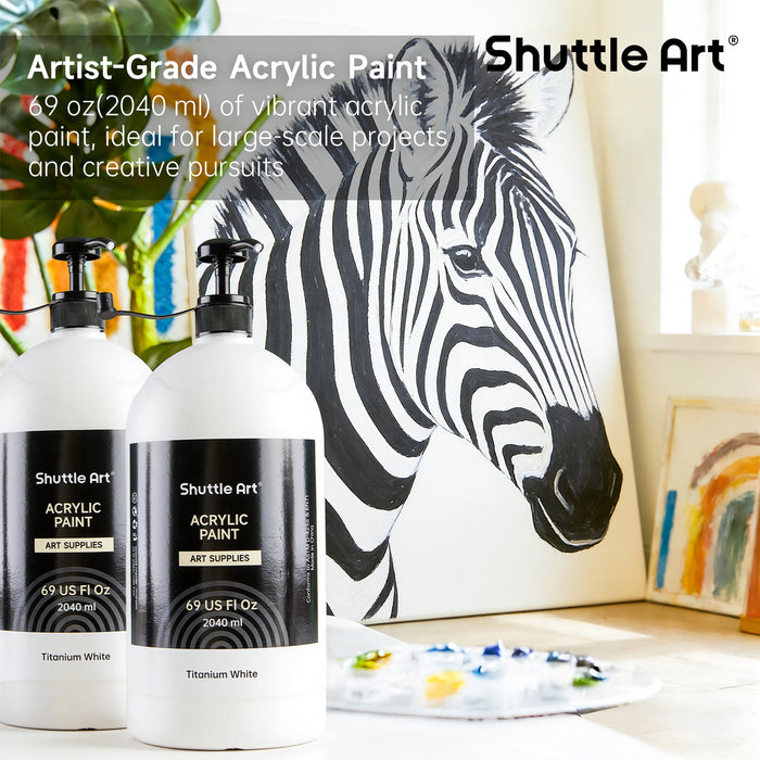 Titanium White Acrylic Paint, Large Capacity Pump Bottles with Covers - Set of 2×69oz/2040ml