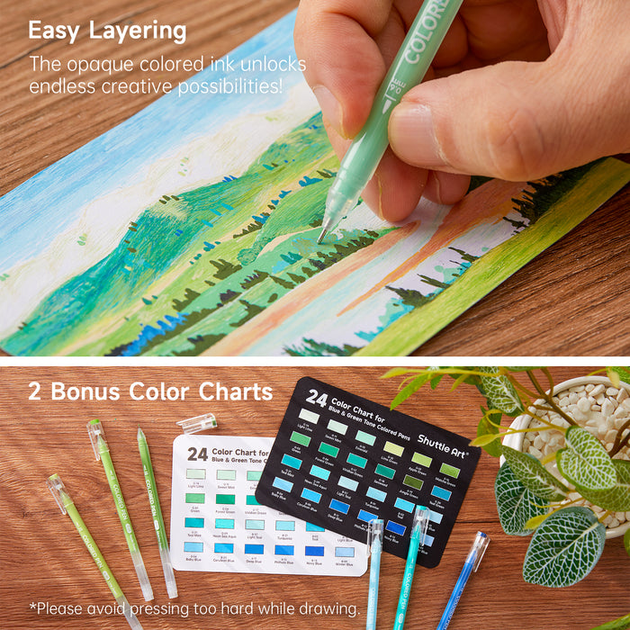 24 Blue & Green Tone Colored Pens- Set of Journal Pens, 0.6mm Fine Point