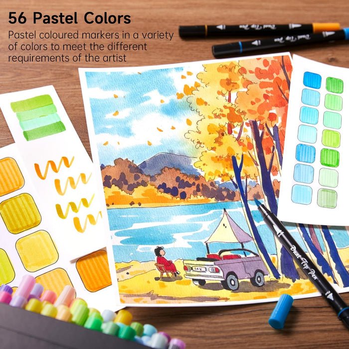 Pastel Colors Dual Brush Pen Art Markers - Set of 56
