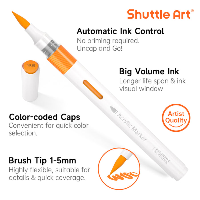 Automatic Ink Control Acrylic Paint Markers- Set of 60 Colors, Brush Tip