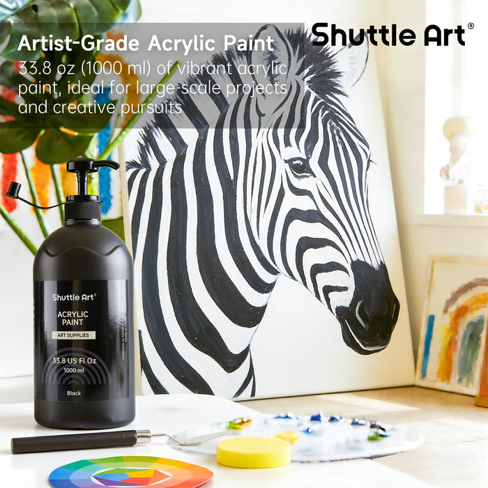 Black Acrylic Paint, Large Capacity Pump Bottle with Cover - Set of 33.8oz/1000ml