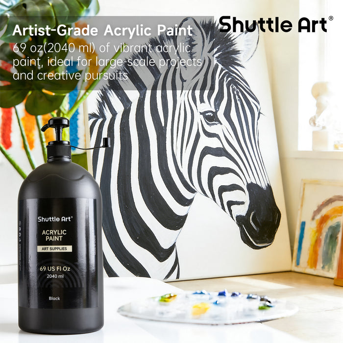 Black Acrylic Paint, Large Capacity Pump Bottle with Cover - Set of 69oz/2040ml