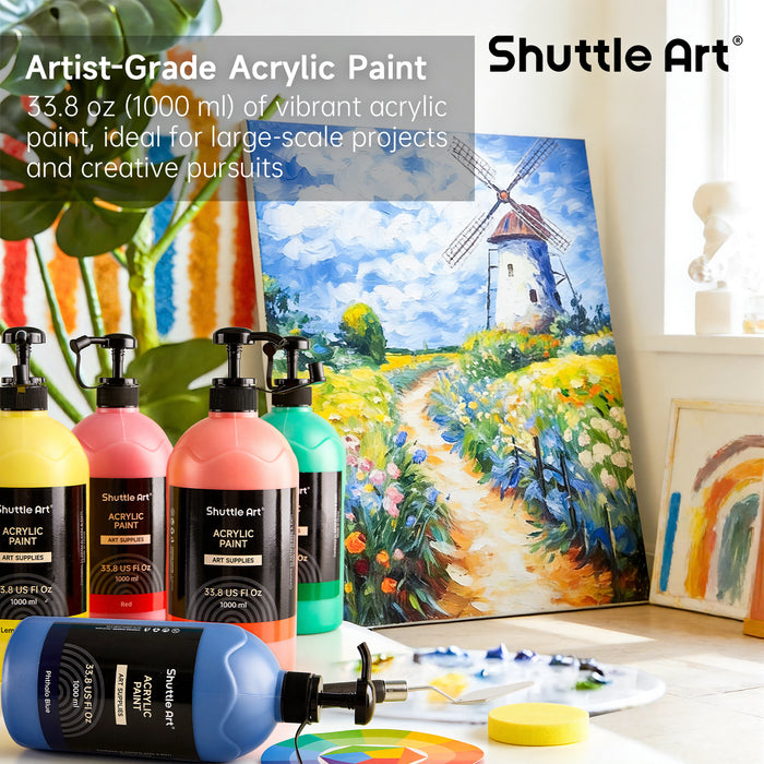 Acrylic Paint Set, 33.8oz/1000ml, Large Capacity Pump Bottles -Set of 15 Colors