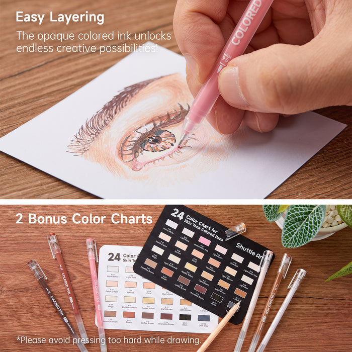 24 Skin Tone Colored Pens - Set of Journal Pens, 0.6mm Fine Point