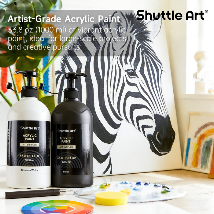 Titanium White & Black Acrylic Paint, Large Capacity Pump Bottles with Covers - Set of 2×33.8oz/1000ml