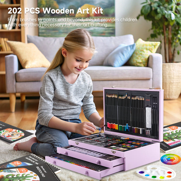 Deluxe Gift Art Kit - Set of 202-Piece, Wooden Art Supplies