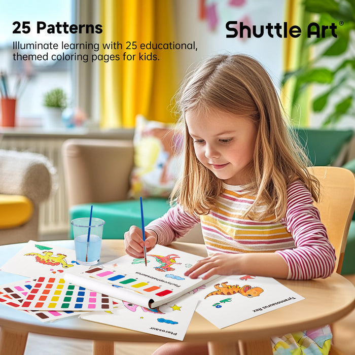 Paint with Water Coloring Book for Kids, 25 Dinosaur Themed Pages with 2 Brushes