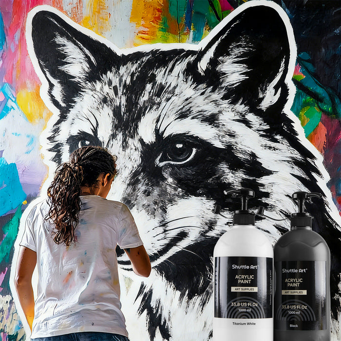 Titanium White & Black Acrylic Paint, Large Capacity Pump Bottles with Covers - Set of 2×33.8oz/1000ml