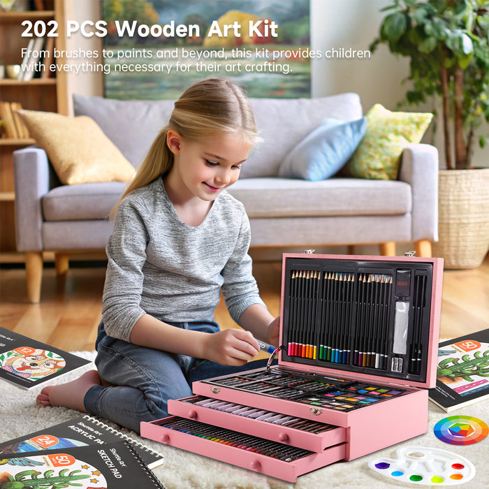 Deluxe Gift Art Kit, 202-Piece Wooden Art Supplies Set with 4 Drawing Pads