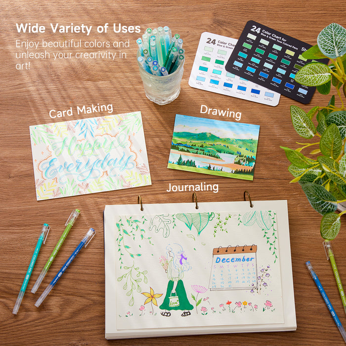 24 Blue & Green Tone Colored Pens- Set of Journal Pens, 0.6mm Fine Point