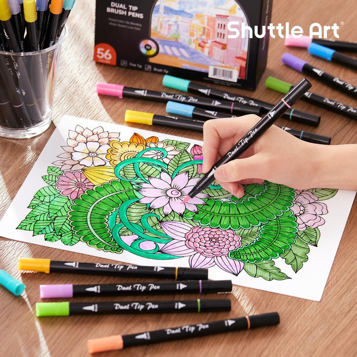 Pastel Colors Dual Brush Pen Art Markers - Set of 56