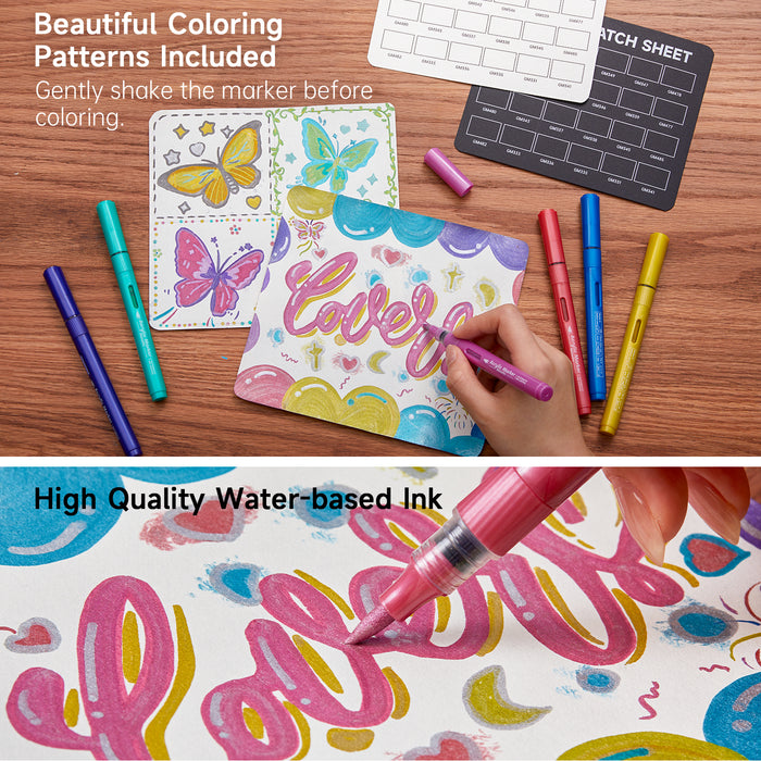 Automatic Ink Control Acrylic Paint Markers- Set of  24 Metallic Colors, Brush Tip