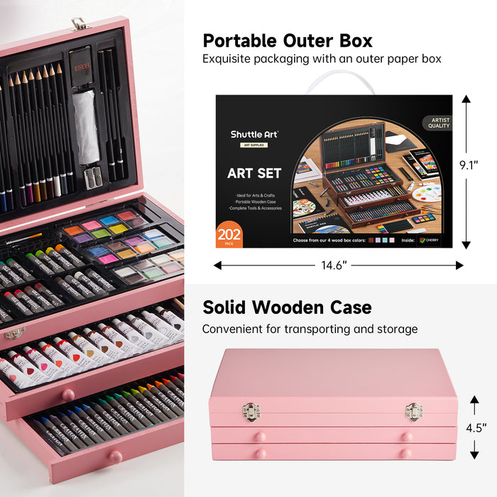 Deluxe Gift Art Kit, 202-Piece Wooden Art Supplies Set with 4 Drawing Pads
