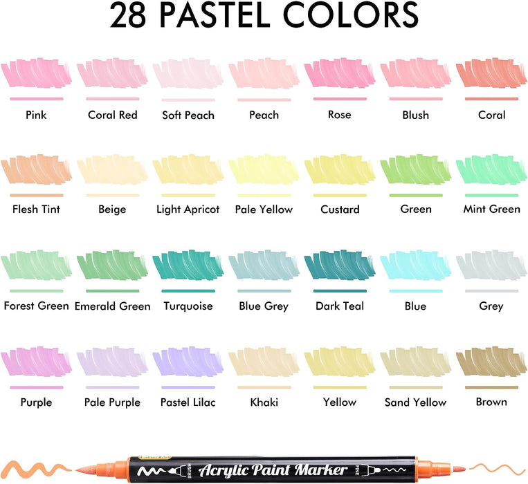 Acrylic Paint Brush Markers,Dual Tips-Set of 28 Pastel