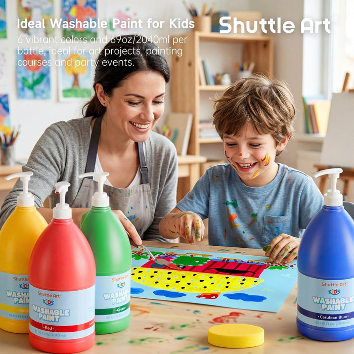 Washable Paint for Kids, 69 oz Bulk Tempera Paint with Pump- Set of 6