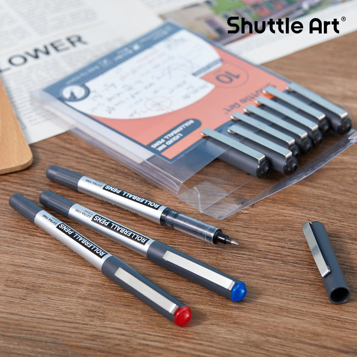 Liquid Ink Rollerball Pens - Set of 10 (8 black 1 blue 1 red)
